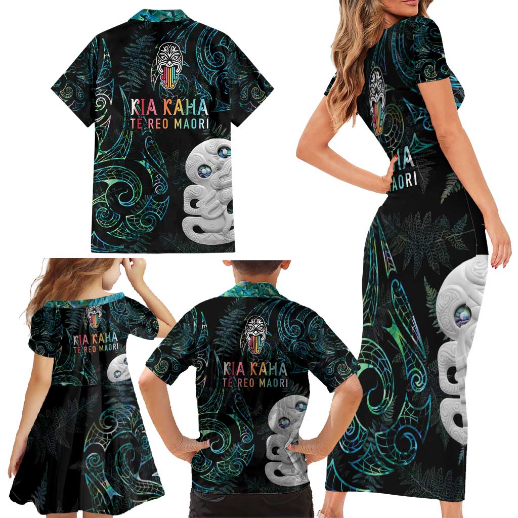 Kia Hara Te reo Maori Family Matching Short Sleeve Bodycon Dress and Hawaiian Shirt Manaia Moko Mix Paua Shell LT7 - Polynesian Pride