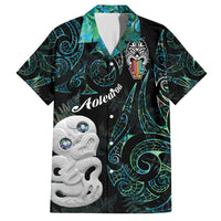 Kia Hara Te reo Maori Family Matching Short Sleeve Bodycon Dress and Hawaiian Shirt Manaia Moko Mix Paua Shell LT7 Dad's Shirt - Short Sleeve Green - Polynesian Pride