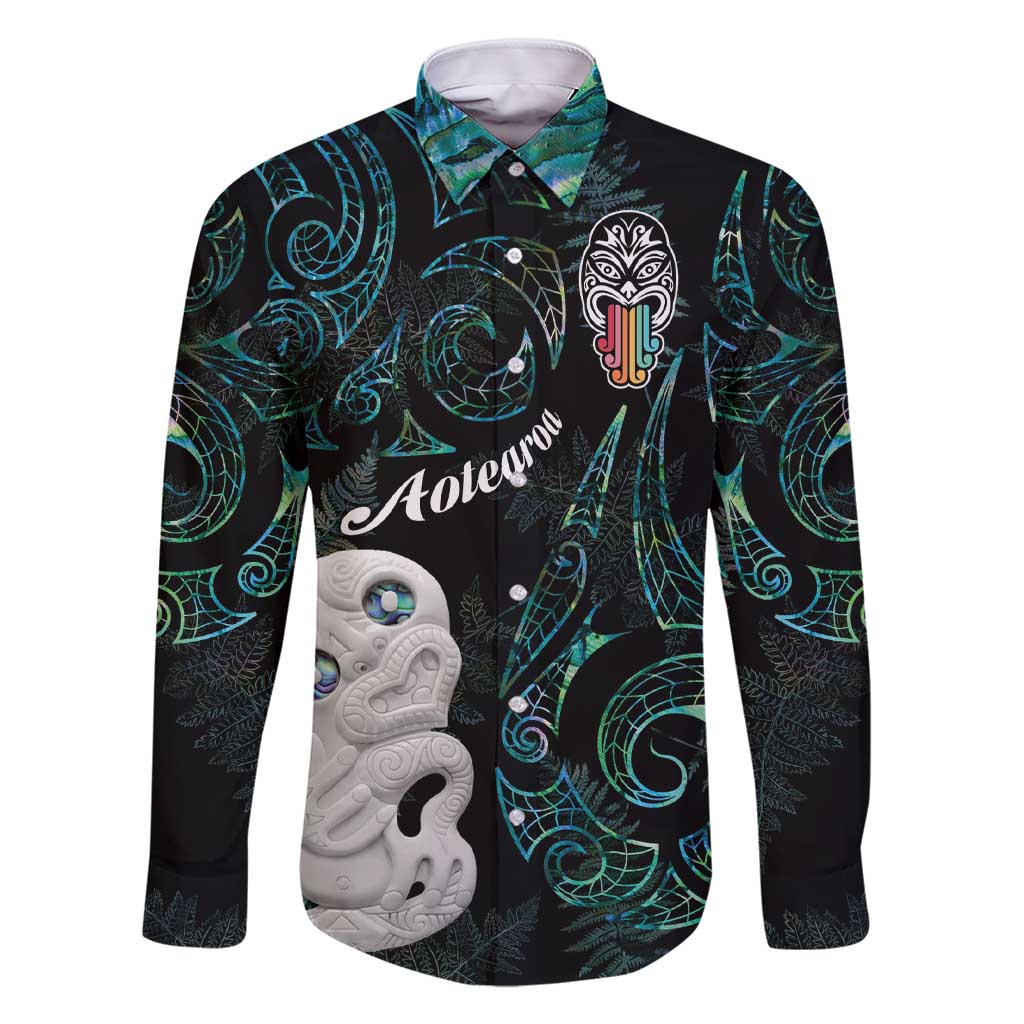 Kia Hara Te reo Maori Family Matching Short Sleeve Bodycon Dress and Hawaiian Shirt Manaia Moko Mix Paua Shell LT7 Dad's Shirt - Long Sleeve Green - Polynesian Pride