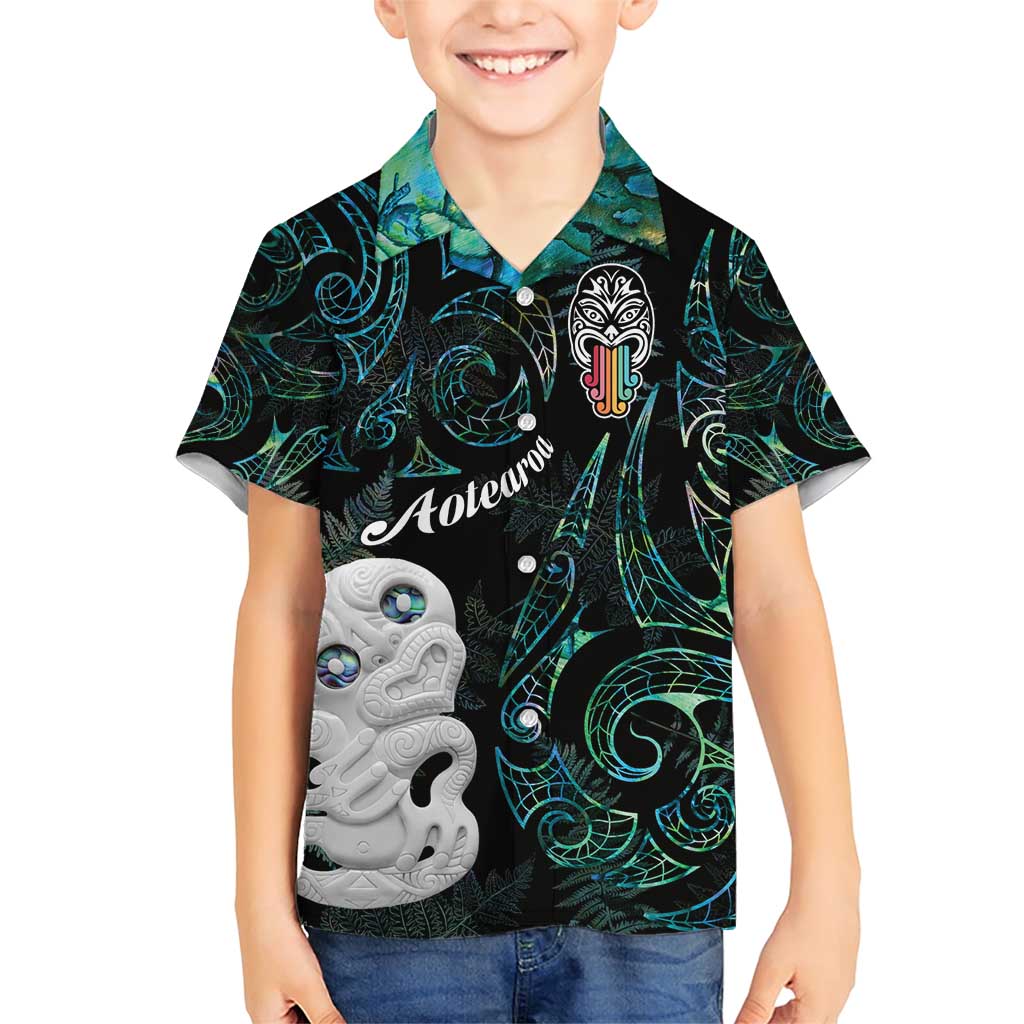 Kia Hara Te reo Maori Family Matching Short Sleeve Bodycon Dress and Hawaiian Shirt Manaia Moko Mix Paua Shell LT7 Son's Shirt Green - Polynesian Pride