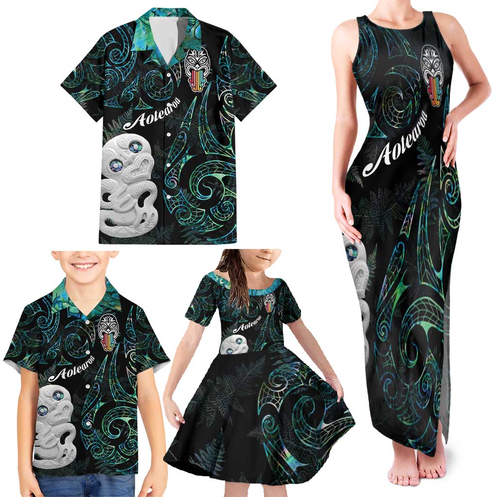 Kia Hara Te reo Maori Family Matching Tank Maxi Dress and Hawaiian Shirt Manaia Moko Mix Paua Shell