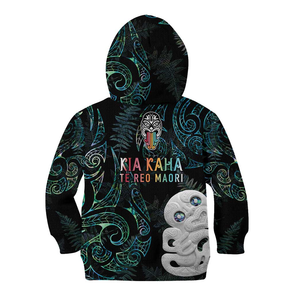Kia Hara Te reo Maori Kid Hoodie Manaia Moko Mix Paua Shell