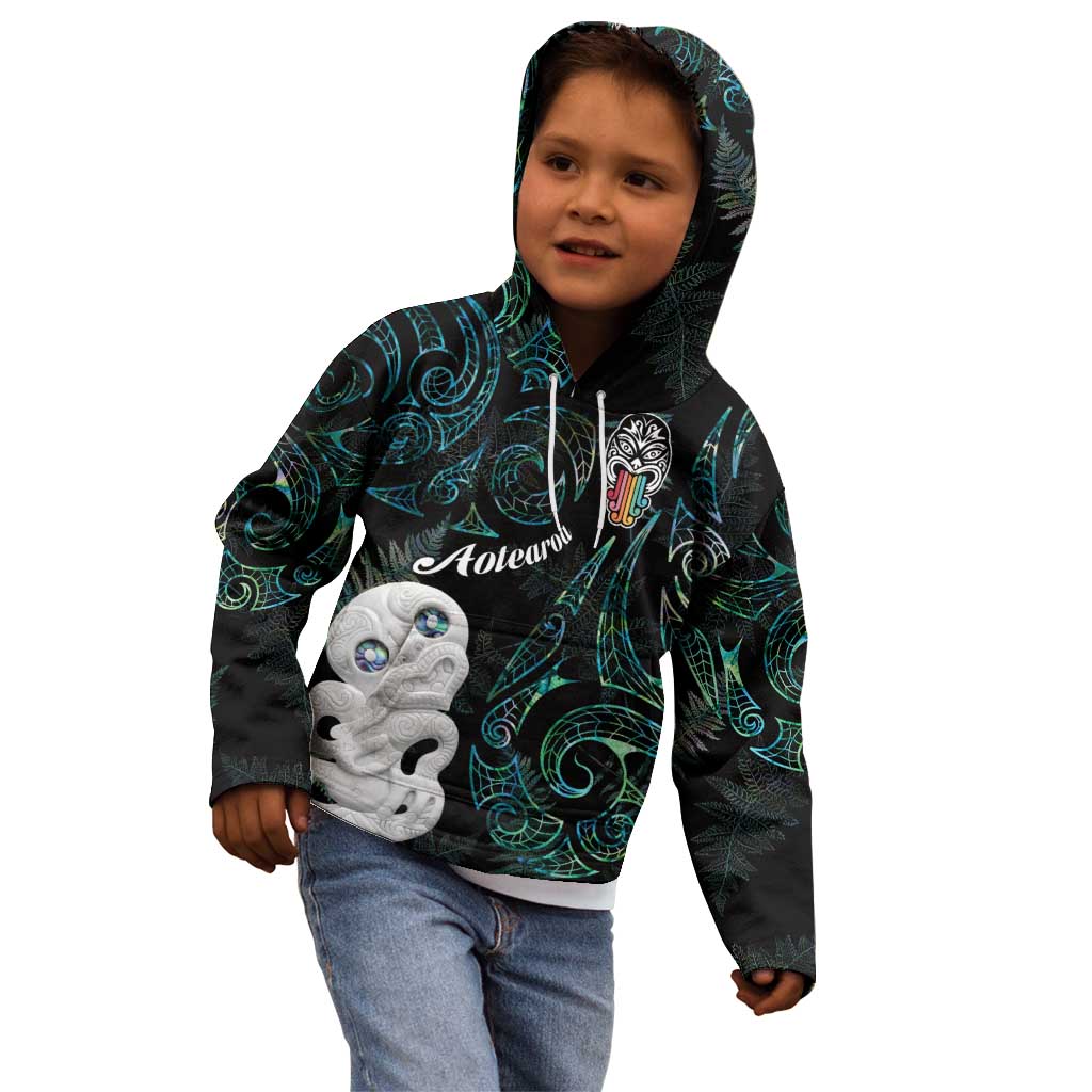 Kia Hara Te reo Maori Kid Hoodie Manaia Moko Mix Paua Shell