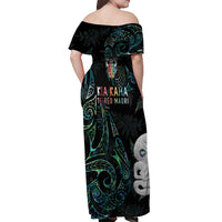 Kia Hara Te reo Maori Off Shoulder Maxi Dress Manaia Moko Mix Paua Shell