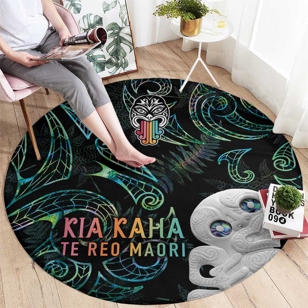 Kia Hara Te reo Maori Round Carpet Manaia Moko Mix Paua Shell