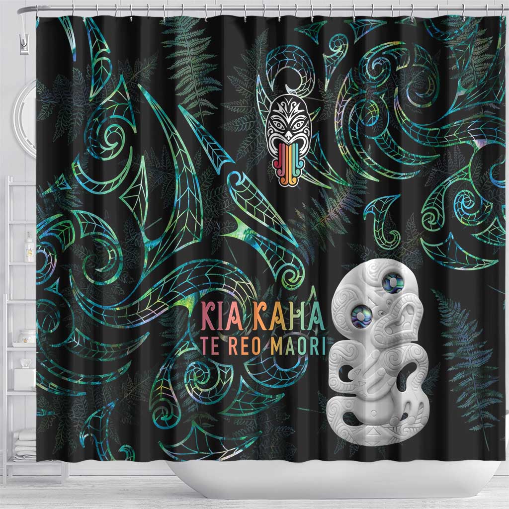 Kia Hara Te reo Maori Shower Curtain Manaia Moko Mix Paua Shell