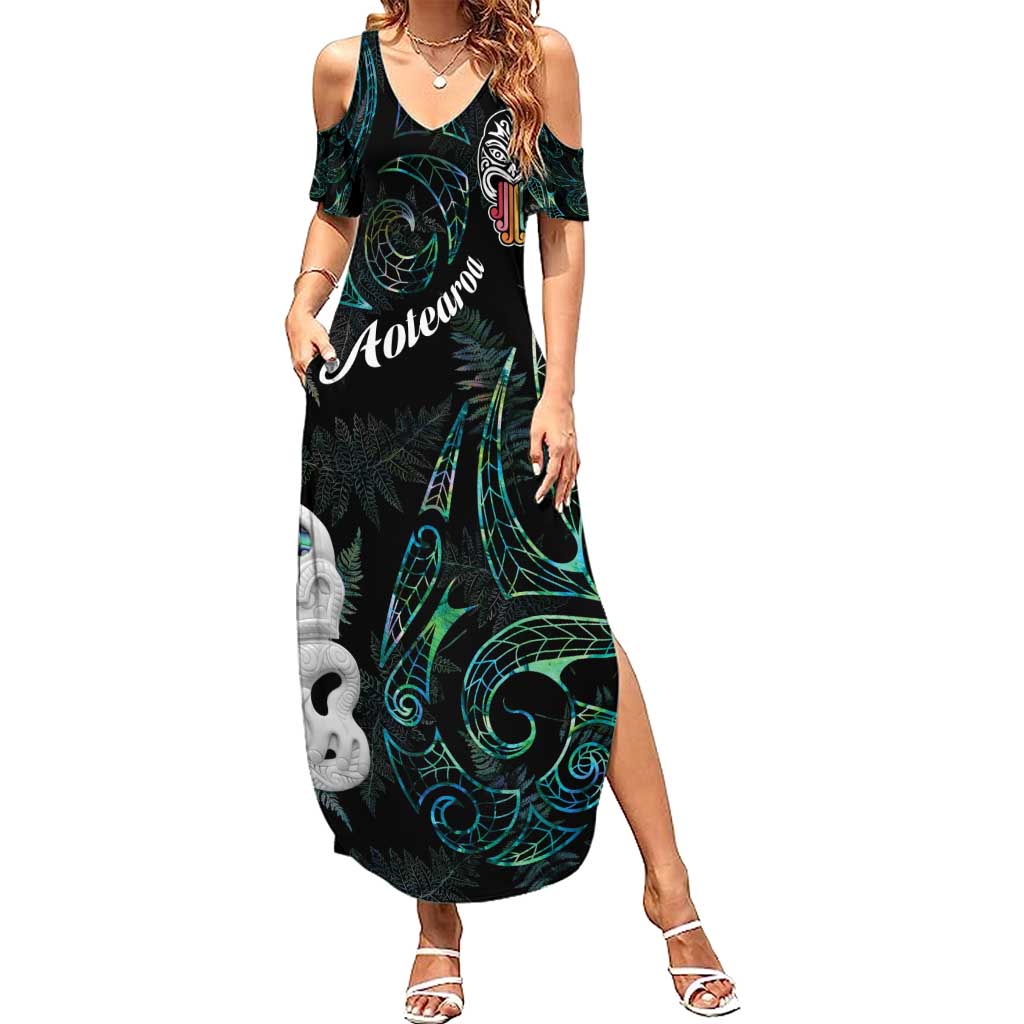 Kia Hara Te reo Maori Summer Maxi Dress Manaia Moko Mix Paua Shell