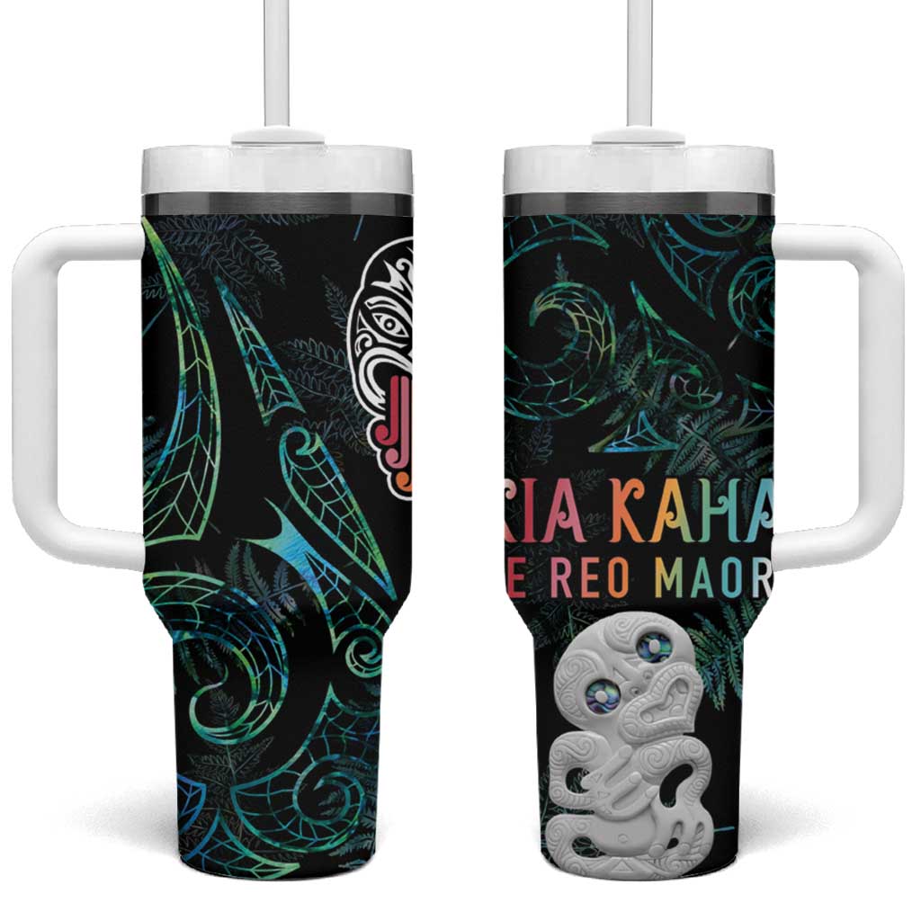 Kia Hara Te reo Maori Tumbler With Handle Manaia Moko Mix Paua Shell