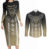 Aotearoa Maori Iwi Heritage Couples Matching Long Sleeve Bodycon Dress and Long Sleeve Button Shirt Waikato Tainui Parauri LT7 Earth Gold - Polynesian Pride