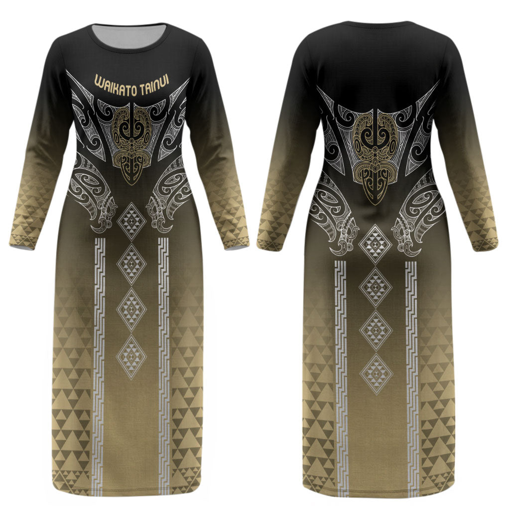 Aotearoa Maori Iwi Heritage Couples Matching Long Sleeve Bodycon Dress and Long Sleeve Button Shirt Waikato Tainui Parauri LT7 - Polynesian Pride
