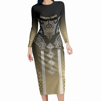 Aotearoa Maori Iwi Heritage Long Sleeve Bodycon Dress Waikato Tainui Parauri LT7 Long Dress Earth Gold - Polynesian Pride