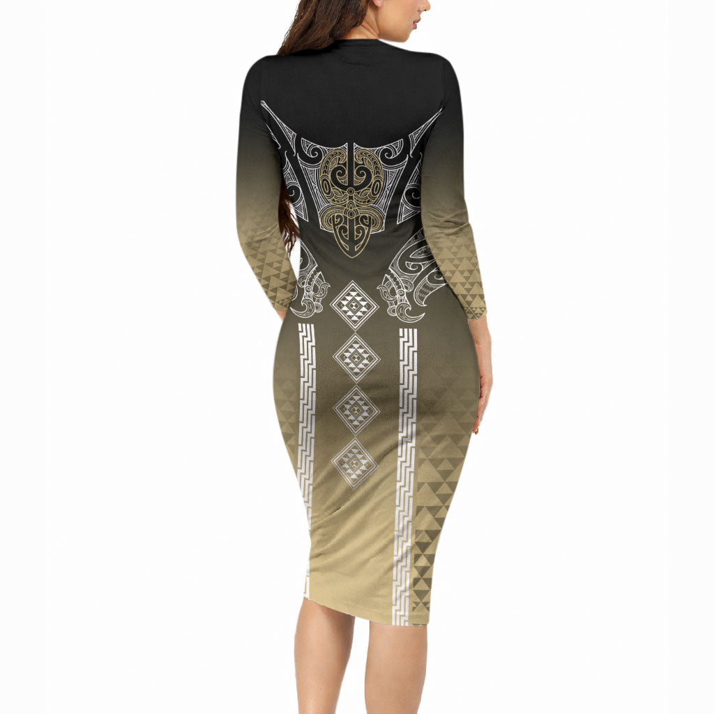 Aotearoa Maori Iwi Heritage Long Sleeve Bodycon Dress Waikato Tainui Parauri LT7 - Polynesian Pride