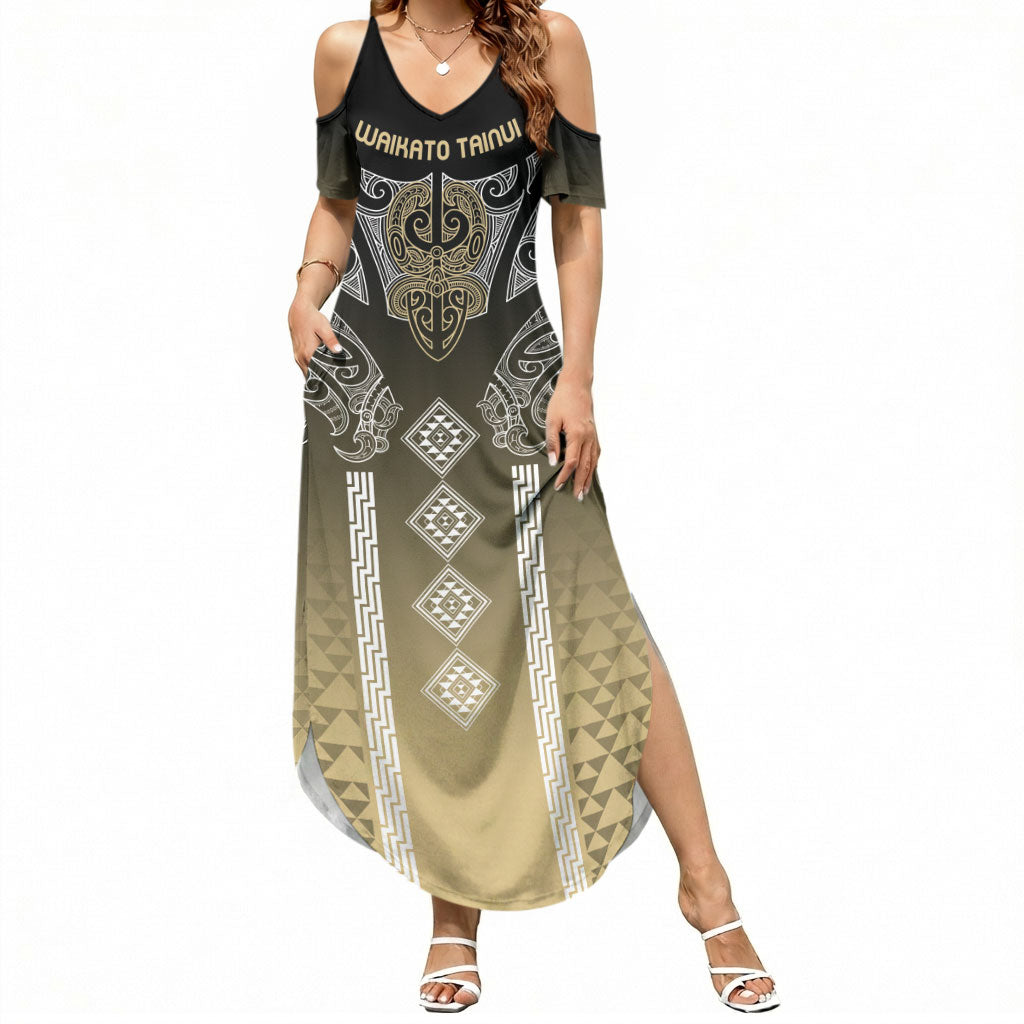 Aotearoa Maori Iwi Heritage Summer Maxi Dress Waikato Tainui Parauri LT7 Women Earth Gold - Polynesian Pride