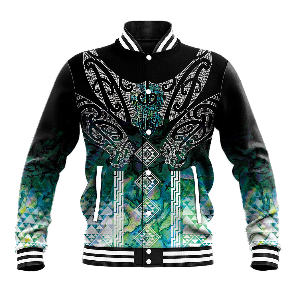 Aotearoa Maori Iwi Heritage Baseball Jacket Ngati Kahungunu Paua Shell Turquoise LT7 Unisex Green Blue - Polynesian Pride