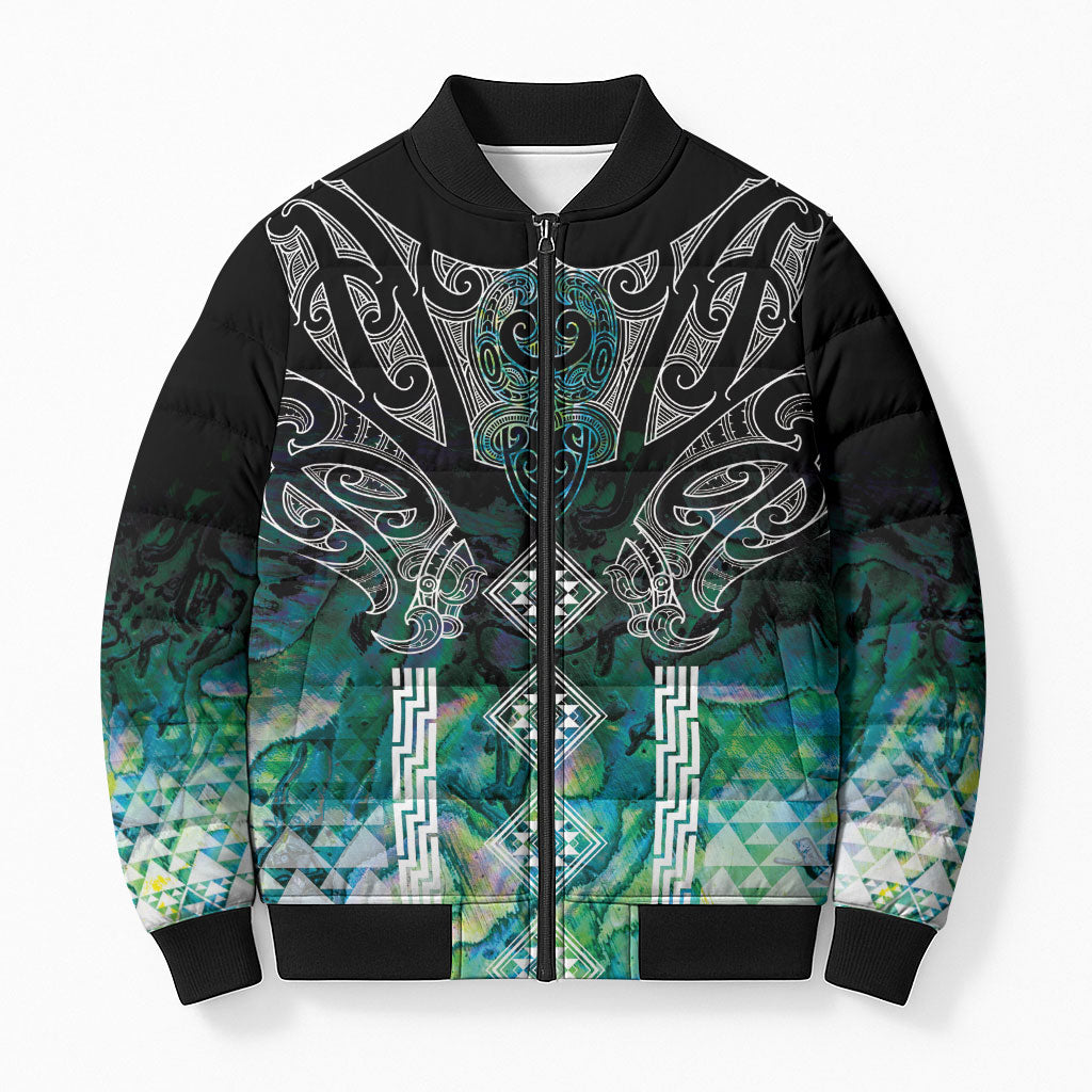 Aotearoa Maori Iwi Heritage Bomber Puffer Jacket Ngati Kahungunu Paua Shell Turquoise LT7 Unisex Green Blue - Polynesian Pride