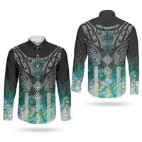 Aotearoa Maori Iwi Heritage Couples Matching Off Shoulder Short Dress and Long Sleeve Button Shirt Ngati Kahungunu Paua Shell Turquoise LT7 - Polynesian Pride