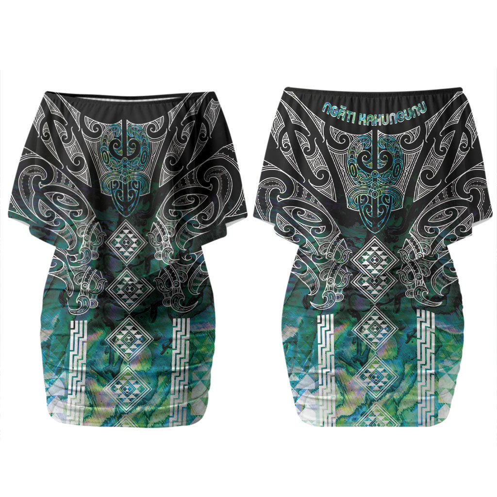 Aotearoa Maori Iwi Heritage Couples Matching Off Shoulder Short Dress and Long Sleeve Button Shirt Ngati Kahungunu Paua Shell Turquoise LT7 - Polynesian Pride