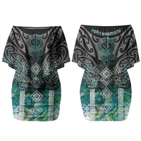 Aotearoa Maori Iwi Heritage Couples Matching Off Shoulder Short Dress and Long Sleeve Button Shirt Ngati Kahungunu Paua Shell Turquoise LT7 - Polynesian Pride