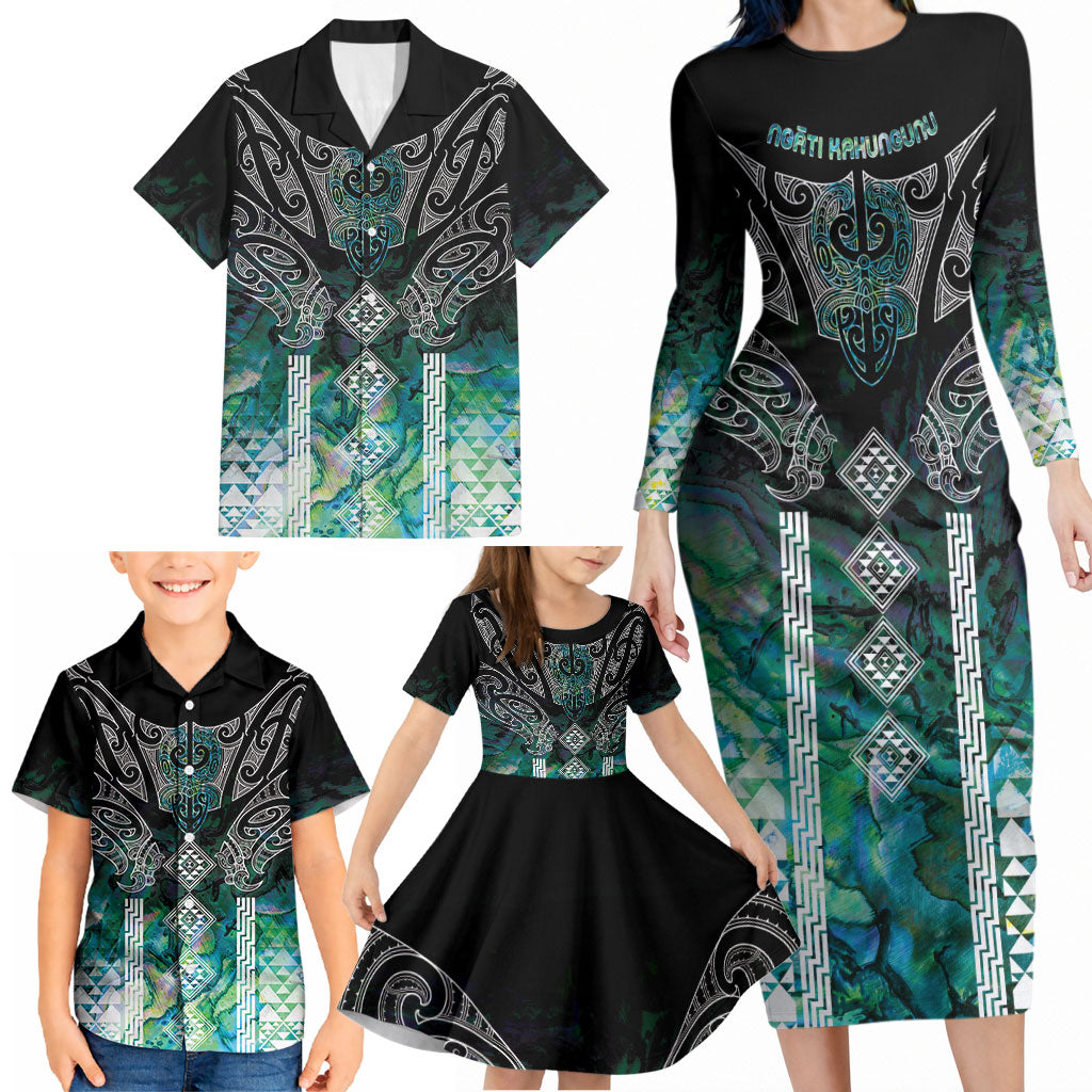 Aotearoa Maori Iwi Heritage Family Matching Long Sleeve Bodycon Dress and Hawaiian Shirt Ngati Kahungunu Paua Shell Turquoise LT7 - Polynesian Pride
