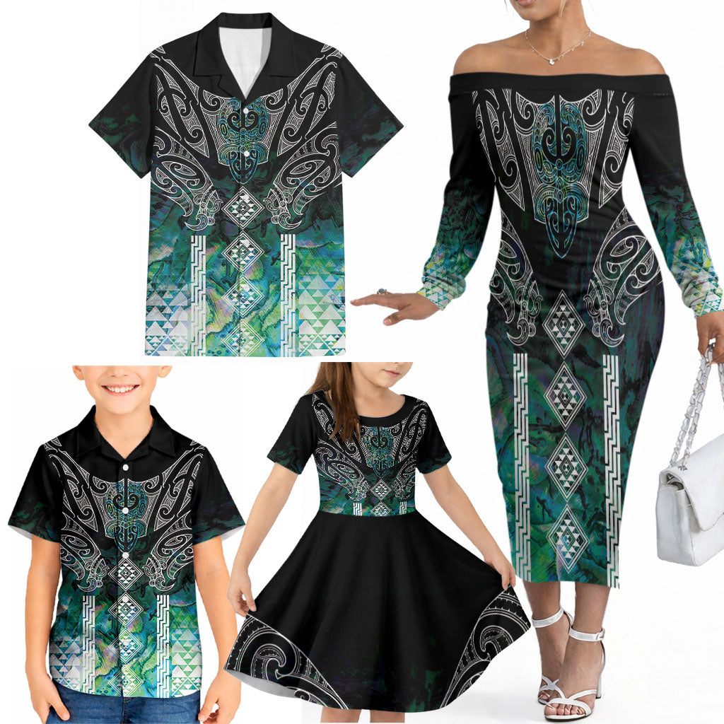 Aotearoa Maori Iwi Heritage Family Matching Off The Shoulder Long Sleeve Dress and Hawaiian Shirt Ngati Kahungunu Paua Shell Turquoise LT7 - Polynesian Pride