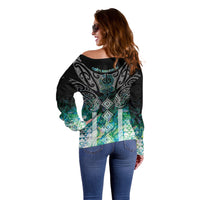 Aotearoa Maori Iwi Heritage Off Shoulder Sweater Ngati Kahungunu Paua Shell Turquoise LT7 - Polynesian Pride