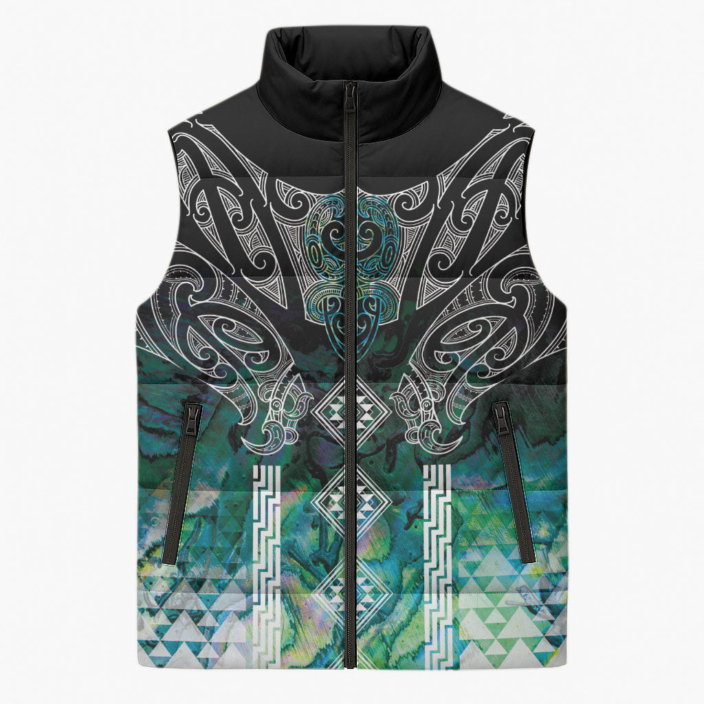 Aotearoa Maori Iwi Heritage Sleeveless Puffer Jacket Ngati Kahungunu Paua Shell Turquoise LT7 Unisex Green Blue - Polynesian Pride