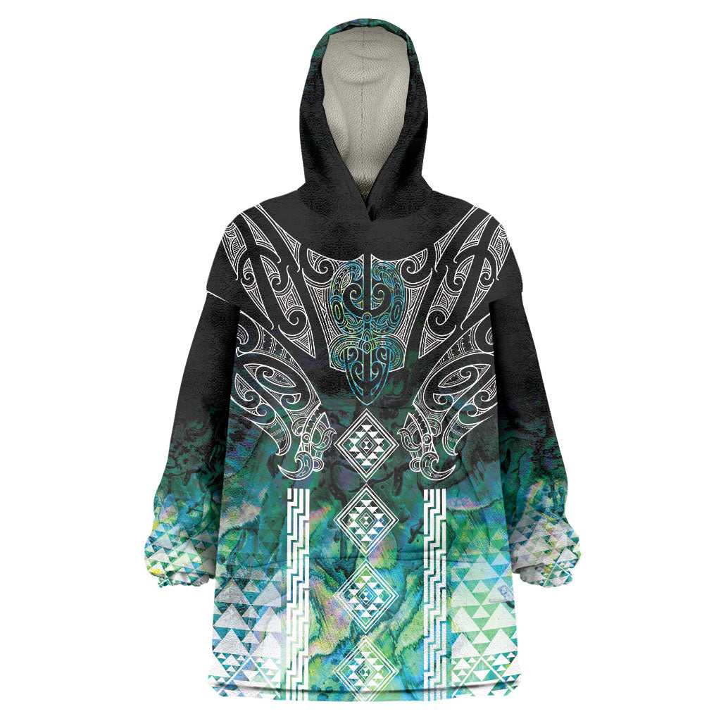 Aotearoa Maori Iwi Heritage Wearable Blanket Hoodie Ngati Kahungunu Paua Shell Turquoise LT7 One Size Green Blue - Polynesian Pride