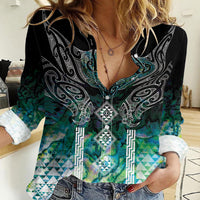 Aotearoa Maori Iwi Heritage Women Casual Shirt Ngati Kahungunu Paua Shell Turquoise LT7 Female Green Blue - Polynesian Pride