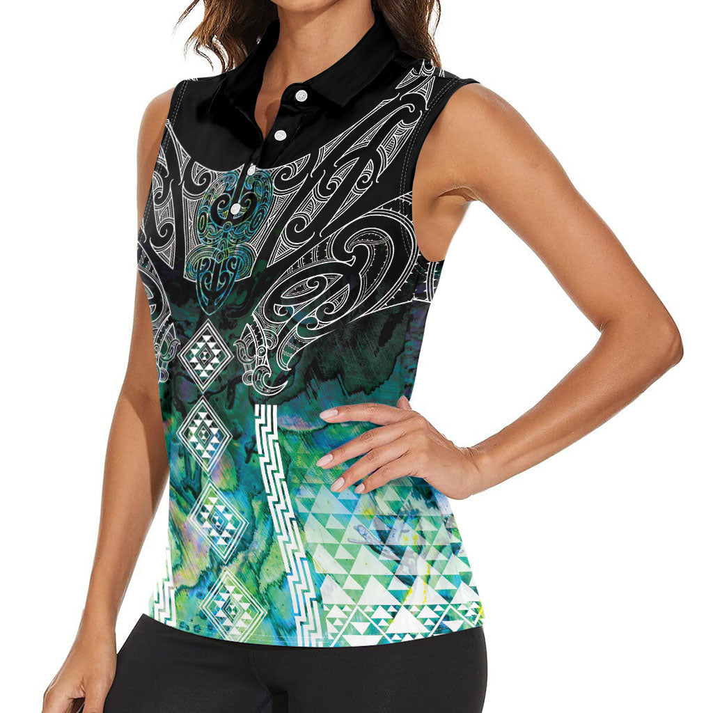Aotearoa Maori Iwi Heritage Women Sleeveless Polo Shirt Ngati Kahungunu Paua Shell Turquoise LT7 - Polynesian Pride