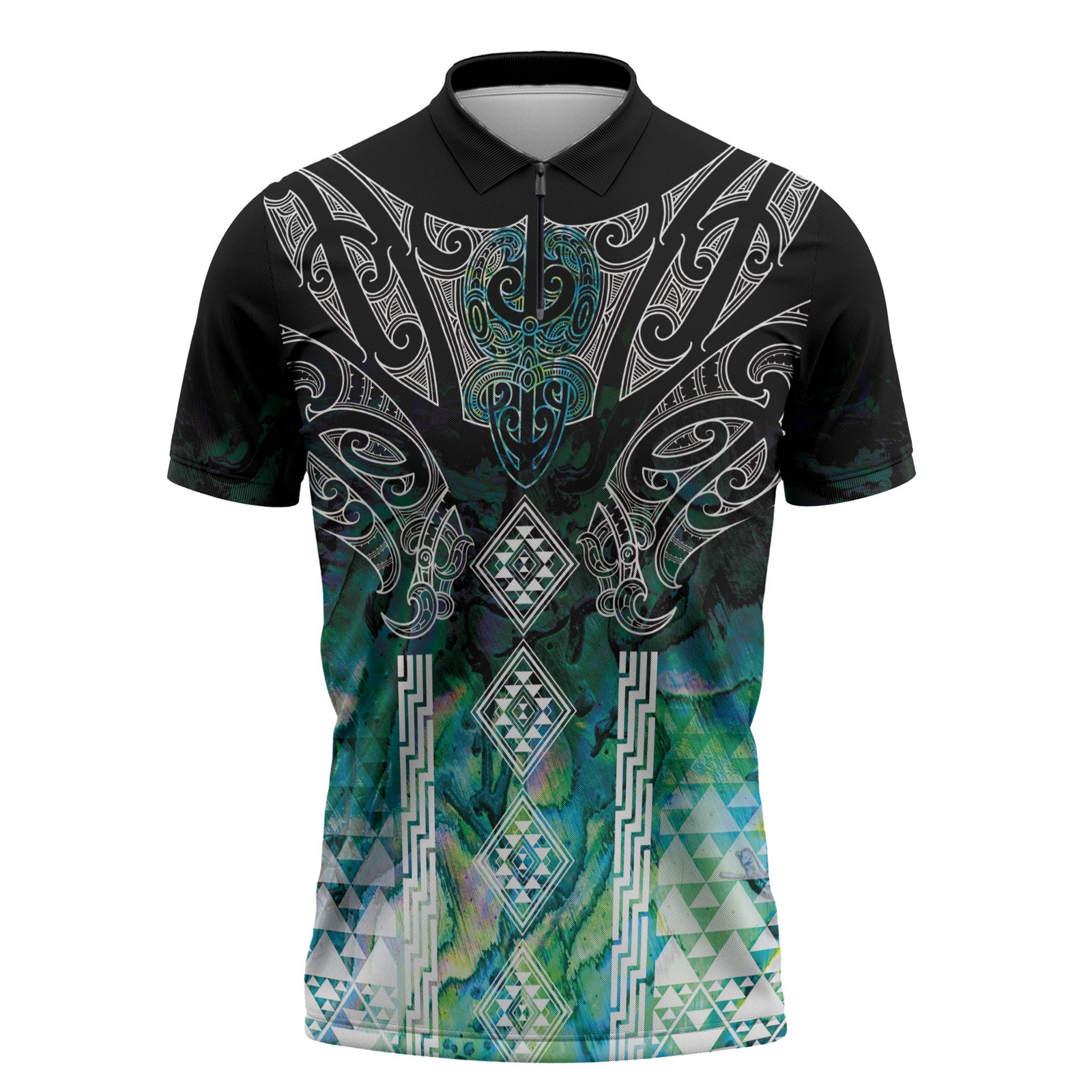 Aotearoa Maori Iwi Heritage Zipper Polo Shirt Ngati Kahungunu Paua Shell Turquoise LT7 Green Blue - Polynesian Pride