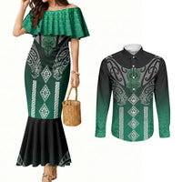 Aotearoa Maori Iwi Heritage Couples Matching Mermaid Dress and Long Sleeve Button Shirt Ngai Tahu Pounamu Green LT7 Jade Green - Polynesian Pride