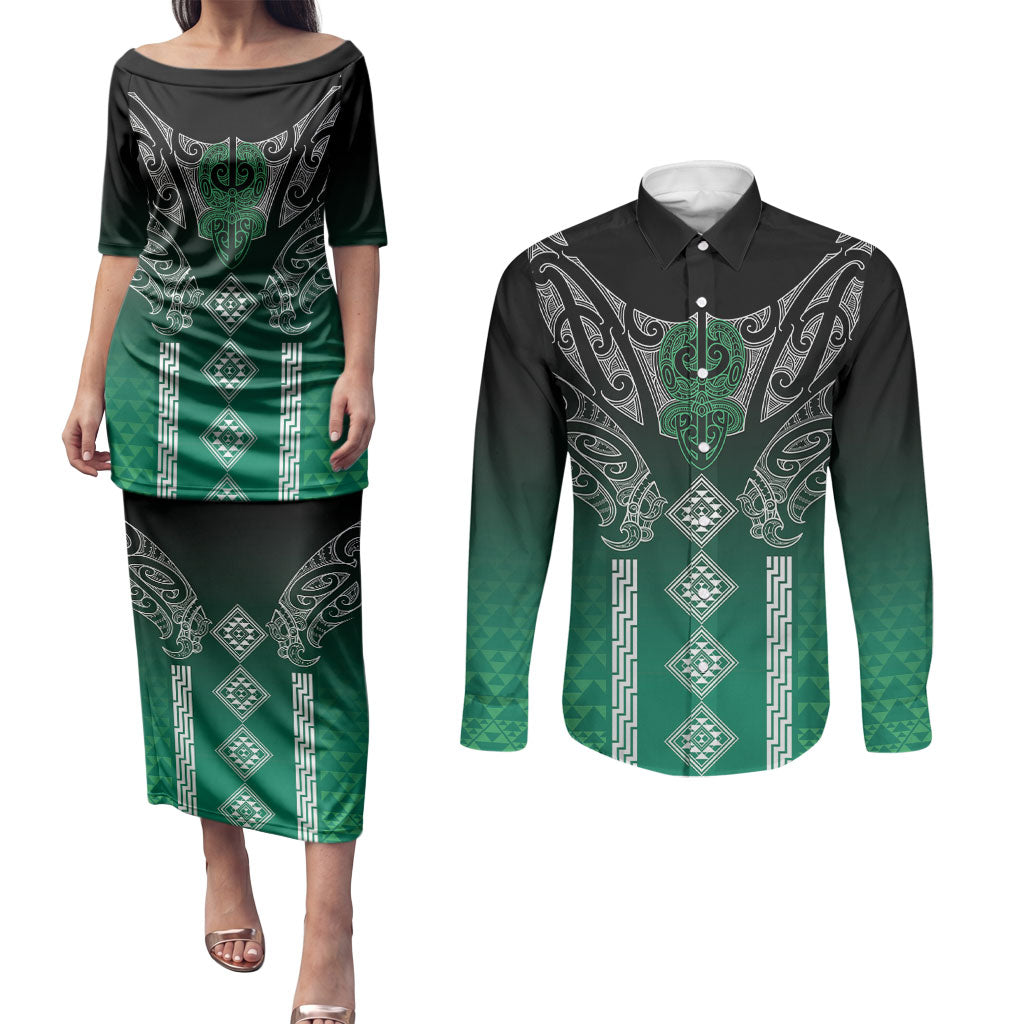 Aotearoa Maori Iwi Heritage Couples Matching Puletasi and Long Sleeve Button Shirt Ngai Tahu Pounamu Green LT7 Jade Green - Polynesian Pride