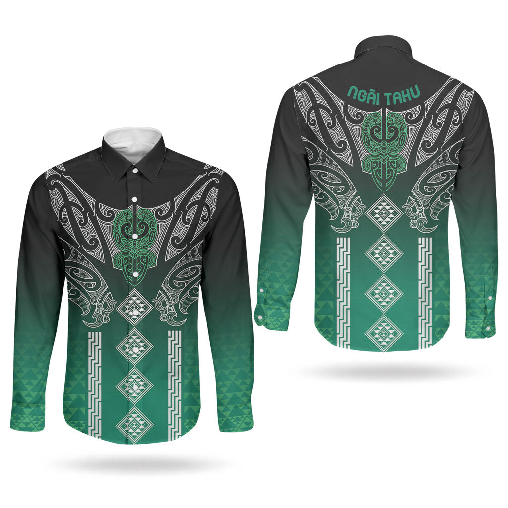 Aotearoa Maori Iwi Heritage Couples Matching Puletasi and Long Sleeve Button Shirt Ngai Tahu Pounamu Green LT7 - Polynesian Pride
