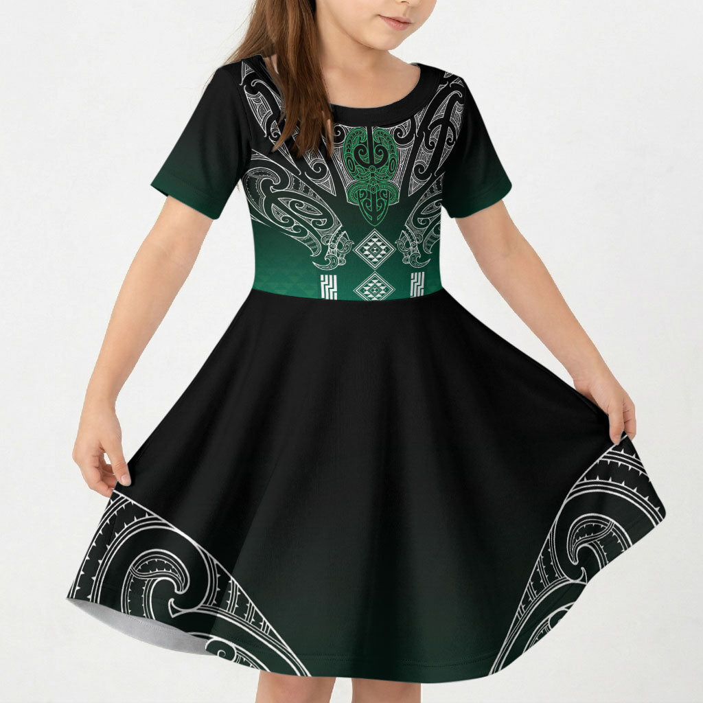 Aotearoa Maori Iwi Heritage Kid Short Sleeve Dress Ngai Tahu Pounamu Green LT7 KID Jade Green - Polynesian Pride
