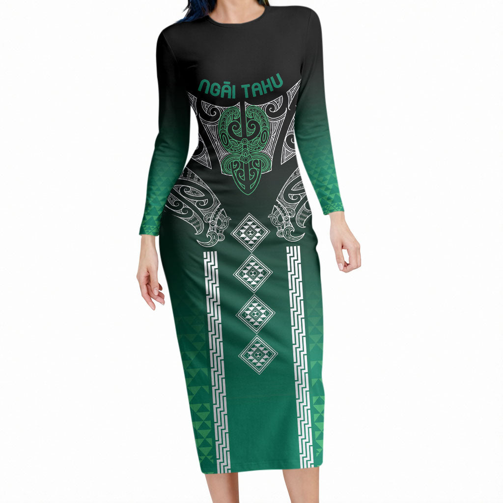 Aotearoa Maori Iwi Heritage Long Sleeve Bodycon Dress Ngai Tahu Pounamu Green LT7 Long Dress Jade Green - Polynesian Pride