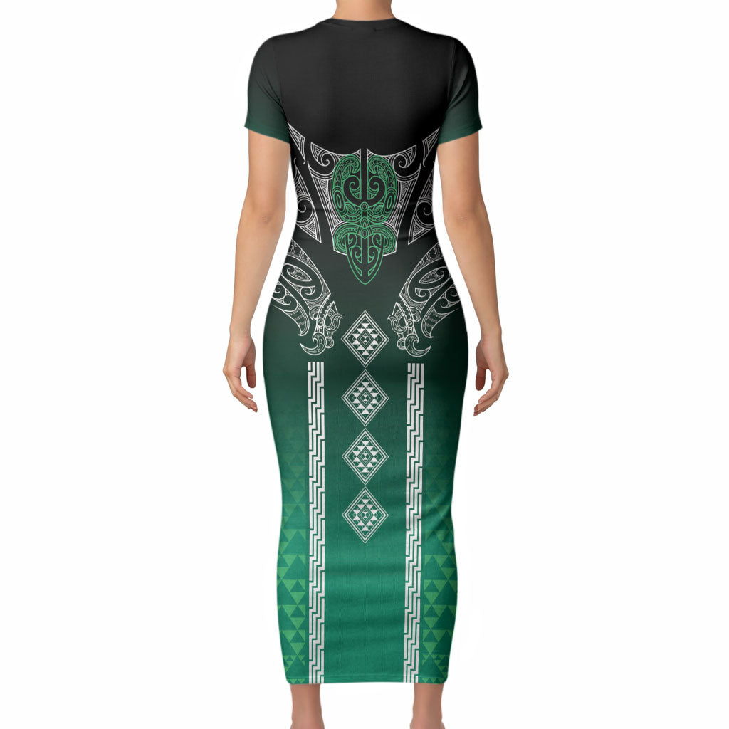 Aotearoa Maori Iwi Heritage Short Sleeve Bodycon Dress Ngai Tahu Pounamu Green LT7 - Polynesian Pride