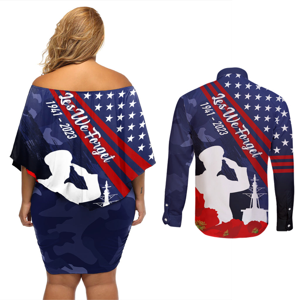 Pearl Harbor Remembrance Day Couples Matching Off Shoulder Short Dress and Long Sleeve Button Shirt Poppy Mix Style LT7 - Polynesian Pride