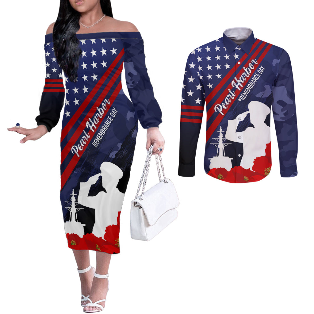 Pearl Harbor Remembrance Day Couples Matching Off The Shoulder Long Sleeve Dress and Long Sleeve Button Shirt Poppy Mix Style LT7 Navy Blue - Polynesian Pride