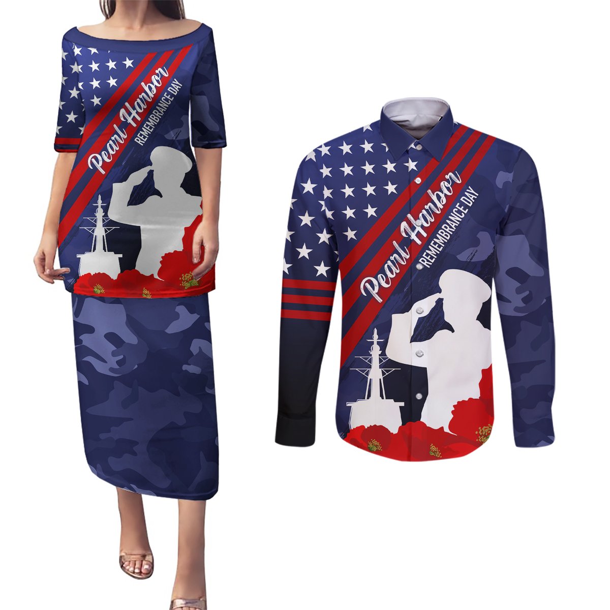 Pearl Harbor Remembrance Day Couples Matching Puletasi Dress and Long Sleeve Button Shirt Poppy Mix Style LT7 Navy Blue - Polynesian Pride