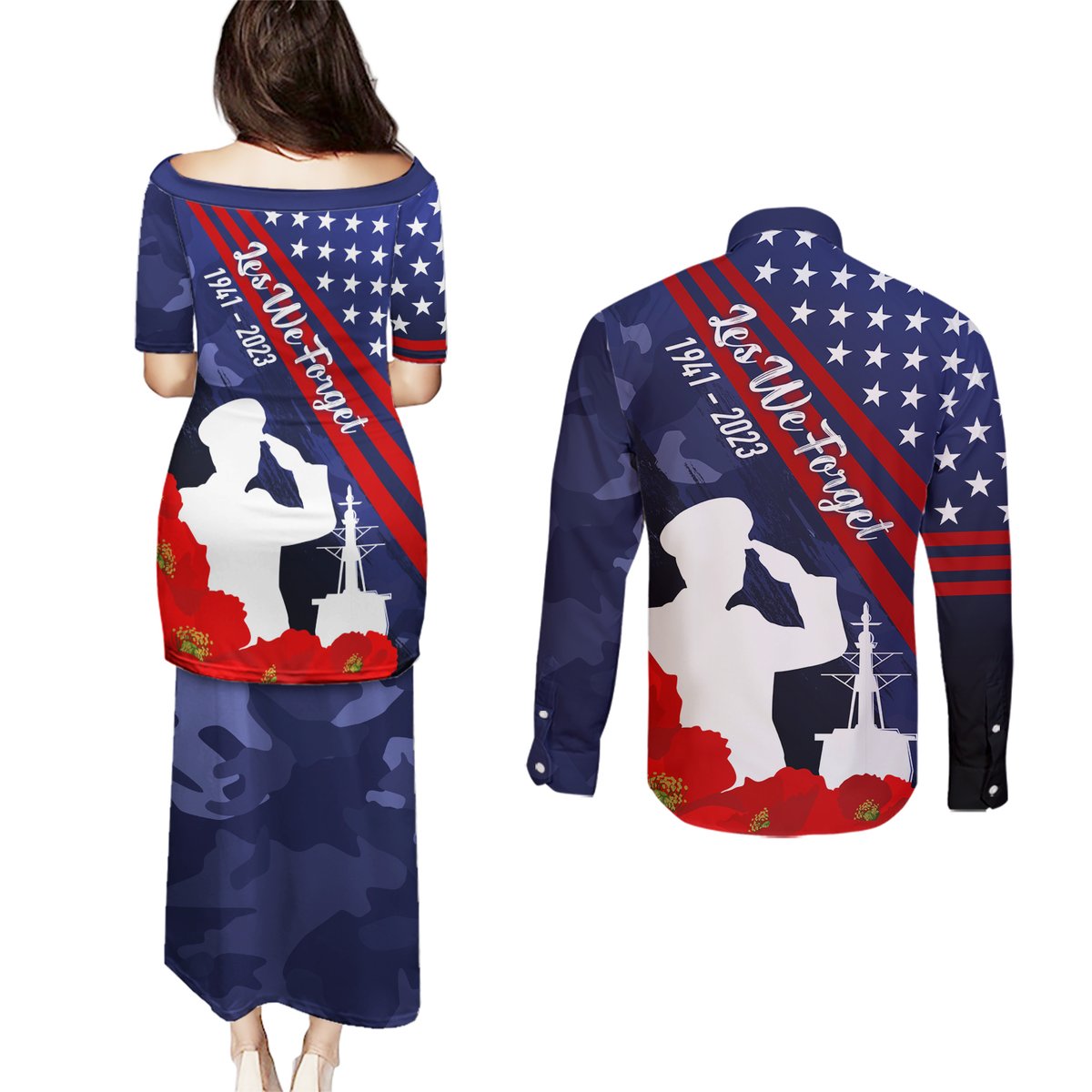 Pearl Harbor Remembrance Day Couples Matching Puletasi Dress and Long Sleeve Button Shirt Poppy Mix Style LT7 - Polynesian Pride