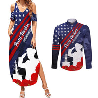 Pearl Harbor Remembrance Day Couples Matching Summer Maxi Dress and Long Sleeve Button Shirt Poppy Mix Style LT7 Navy Blue - Polynesian Pride