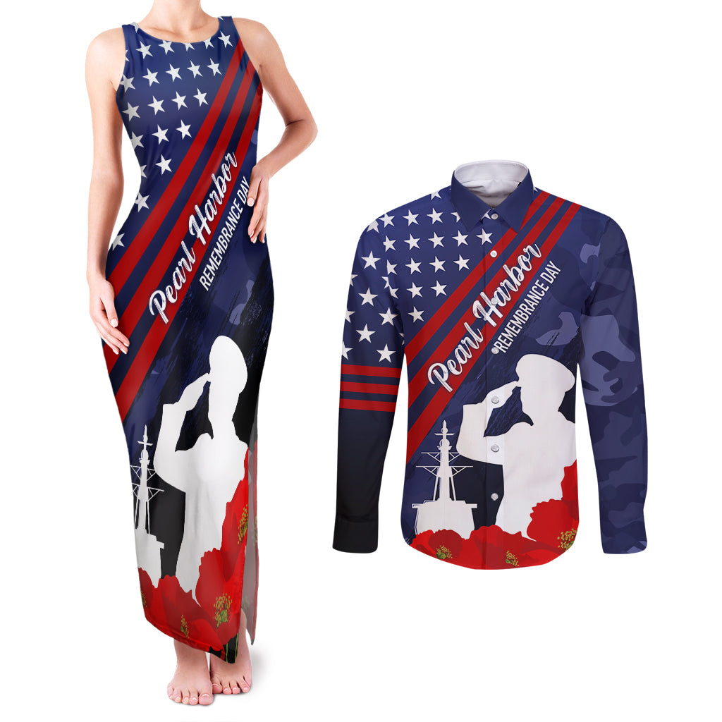 Pearl Harbor Remembrance Day Couples Matching Tank Maxi Dress and Long Sleeve Button Shirt Poppy Mix Style LT7 Navy Blue - Polynesian Pride