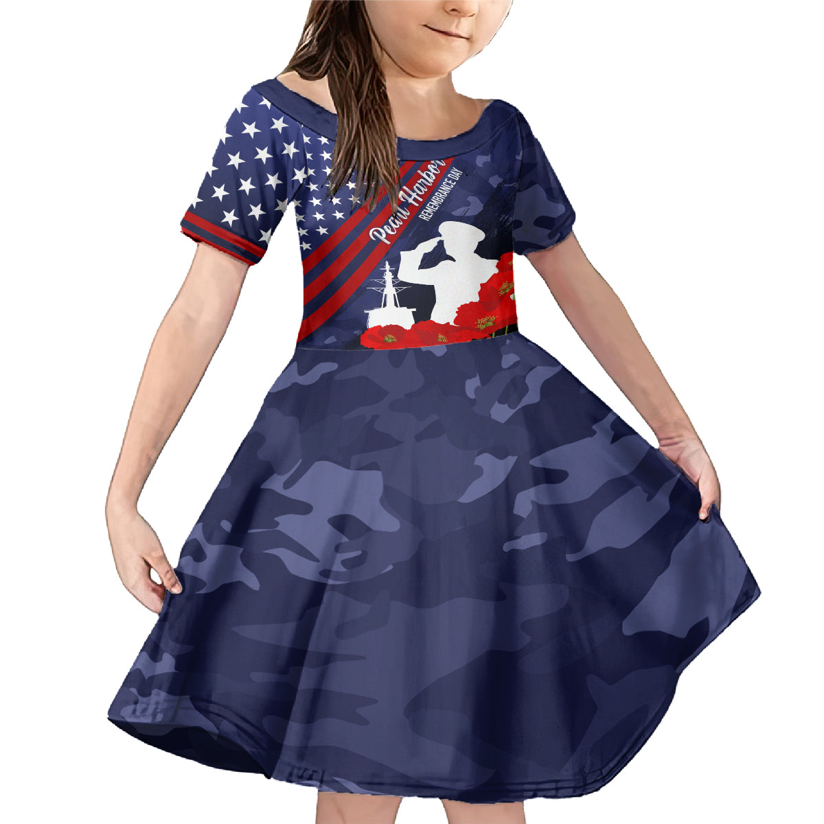 Pearl Harbor Remembrance Day Family Matching Mermaid Dress and Hawaiian Shirt Poppy Mix Style LT7 Daughter's Dress Navy Blue - Polynesian Pride