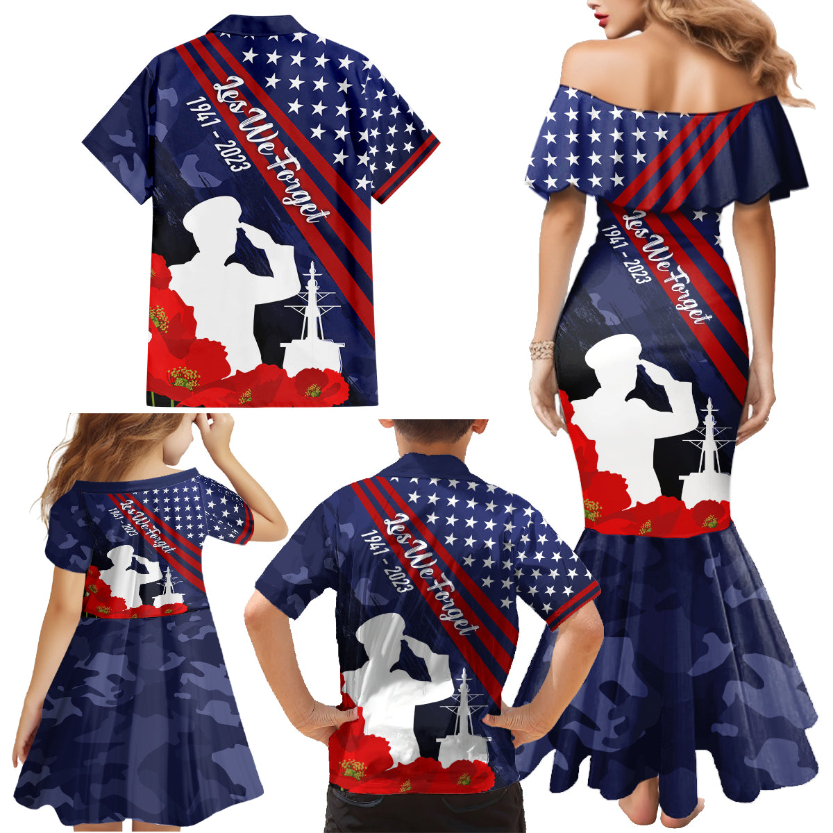 Pearl Harbor Remembrance Day Family Matching Mermaid Dress and Hawaiian Shirt Poppy Mix Style LT7 - Polynesian Pride