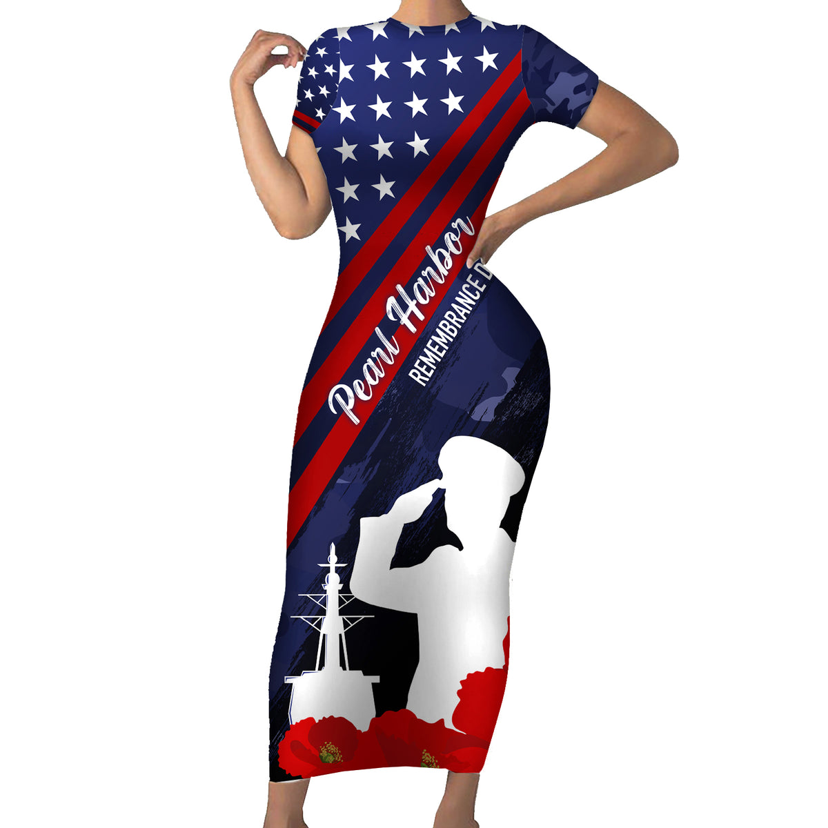 Pearl Harbor Remembrance Day Family Matching Short Sleeve Bodycon Dress and Hawaiian Shirt Poppy Mix Style LT7 Mom's Dress Navy Blue - Polynesian Pride