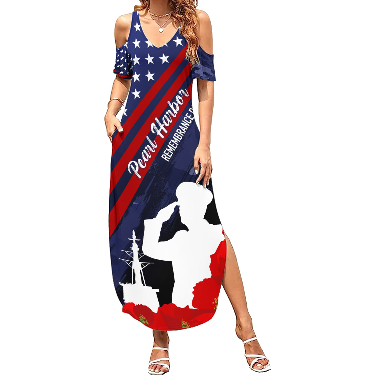 Pearl Harbor Remembrance Day Summer Maxi Dress Poppy Mix Style LT7 Women Navy Blue - Polynesian Pride