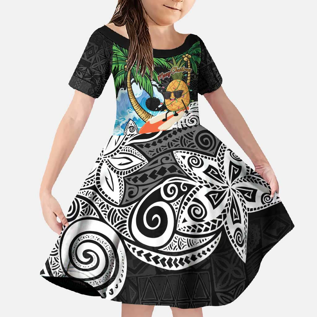 Tropical Christmas Polynesian Family Matching Long Sleeve Bodycon Dress and Hawaiian Shirt Funny Surfing Pineapple LT7 Daughter's Dress Black - Polynesian Pride