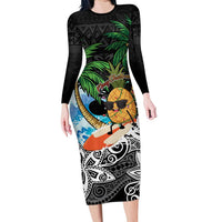 Tropical Christmas Polynesian Family Matching Long Sleeve Bodycon Dress and Hawaiian Shirt Funny Surfing Pineapple LT7 Mom's Dress Black - Polynesian Pride