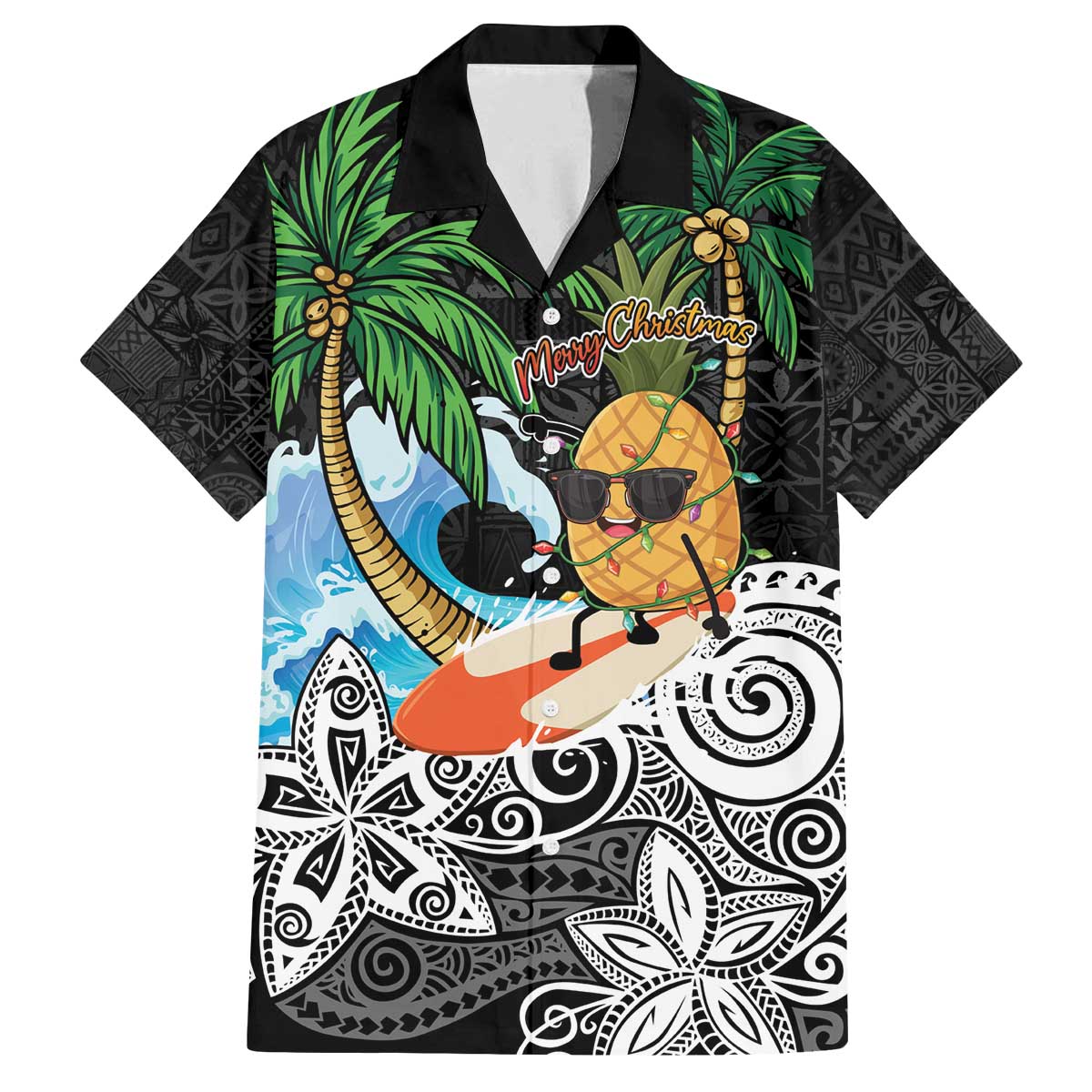 Tropical Christmas Polynesian Family Matching Off The Shoulder Long Sleeve Dress and Hawaiian Shirt Funny Surfing Pineapple LT7 Dad's Shirt - Short Sleeve Black - Polynesian Pride