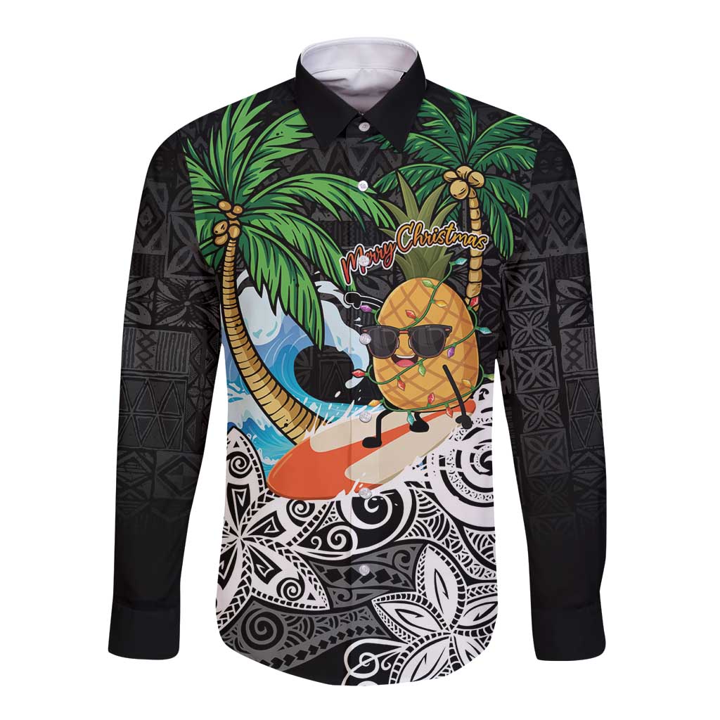 Tropical Christmas Polynesian Long Sleeve Button Shirt Funny Surfing Pineapple